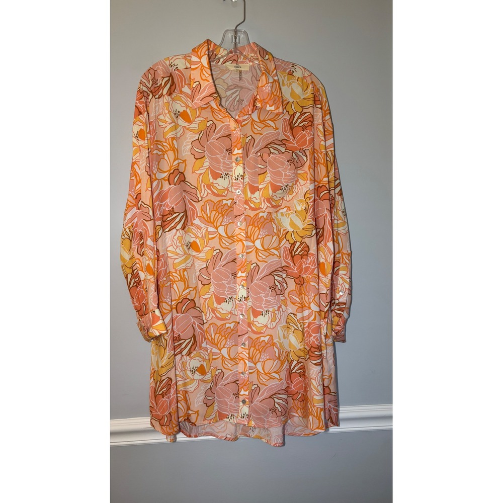 Entro Floral Shirt Dress Womens Medium Peach Orange Button Front Long Sleeve